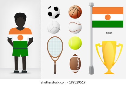 Niger sportsman with sport equipment collection vector illustrations