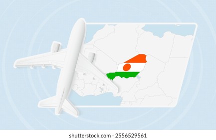 Niger Travel Illustration with Plane and National Flag. Ideal for travel agencies, promotional materials, or geographic content related to Niger.