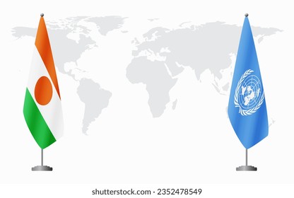 Niger and United Nations flags for official meeting against background of world map.