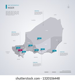 Niger vector map with infographic elements, pointer marks. Editable template with regions, cities and capital Niamey. 