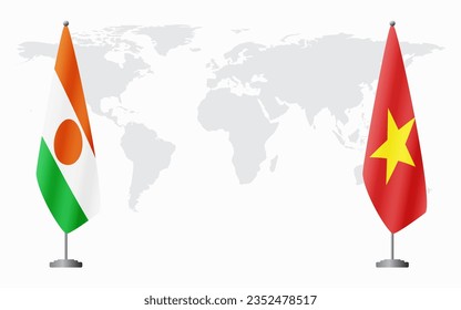 Niger and Vietnam flags for official meeting against background of world map.