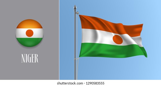 Niger waving flag on flagpole and round icon vector illustration. Realistic 3d mockup of three stripes of Nigerian flag and circle button 