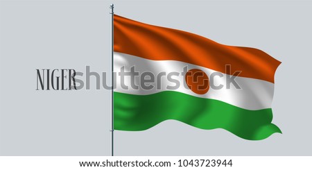 Niger waving flag on flagpole vector illustration. Orange green stripes of Niger wavy realistic flag as a symbol of country 