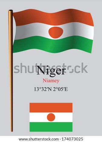 niger wavy flag and coordinates against gray background, vector art illustration, image contains transparency
