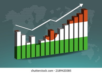 Gráfico de barras en 3D de Nigeria con altibajos, valores en aumento, bandera de Nigeria en gráfico de barras en 3D, flecha ascendente en datos, idea de pancarta de noticias, concepto de país en desarrollo
