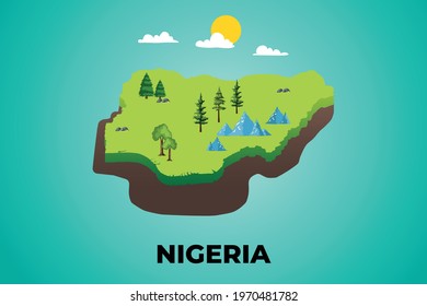 Nigeria 3d isometric map with topographic details mountains, trees and soil vector illustration design