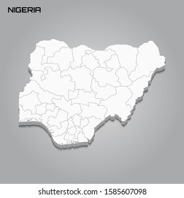 Nigeria 3d map with borders of regions. Vector illustration