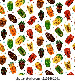 Nigeria african mask pattern. Ancient afro background, fabric with aboriginal tiki faces, old tribe texture hand drawn ornament isolated on white. Vector seamless texture, decor textile