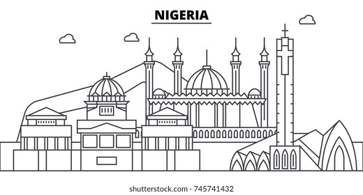 Nigeria architecture skyline buildings, silhouette, outline landscape, landmarks. Editable strokes. Urban skyline illustration. Flat design vector, line concept