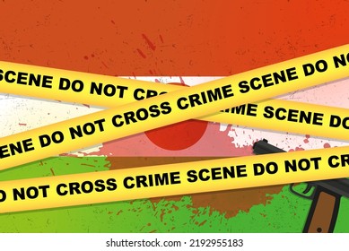 Nigeria bewaffneter Angriff, Vektorbanner, Shooting-Konzept, bewaffneter Angriff mit Gewehr und Blutfleck auf der Flagge Nigerias, gelbe Polizei-Band, Komposition der Kriminalszene, Draufsicht, flaches Design