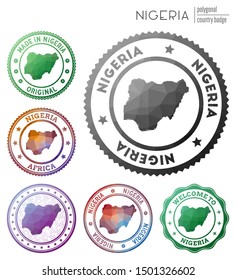 Nigeria badge. Colorful polygonal country symbol. Multicolored geometric Nigeria logos set. Vector illustration.