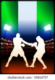 Evento de boxeo en Nigeria con fondo de estadio e iluminación original con bandera