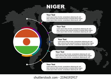 Nigeria circle infographic with information text spaces, black background with world map, Nigeria circle country flag, presentation graphic idea, info and data template for countries