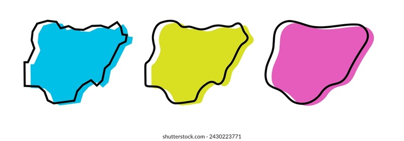 Contorno negro del país de Nigeria y siluetas de país de colores en tres niveles diferentes de suavidad. Mapas simplificados. Iconos vectoriales aislados sobre fondo blanco.