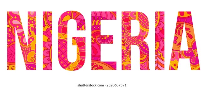 Nigeria country creative text design filled with hand drawn colorful doodle pattern	