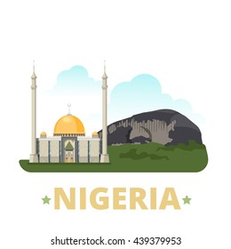 Nigeria country design template. Flat cartoon style historic sight showplace web site vector illustration. World vacation travel sightseeing Africa African collection. Zuma Rock Abuja National Mosque.