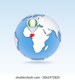 Nigeria - country map and flag located on globe, world map. 3D Vector illustration