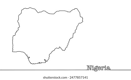 Nigeria country silhouette. Black and white illustration drawn by hand with a continuing line. Vector.