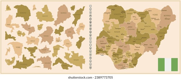 Nigeria - detailed map of the country in brown colors, divided into regions. Vector illustration