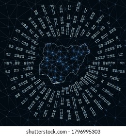 Nigeria digital map. Binary rays radiating around glowing country. Internet connections and data exchange design. Vector illustration.