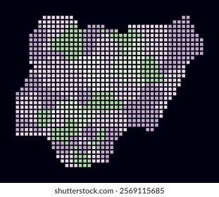 Nigeria dotted map. Digital style map of the country on dark background. Nigeria shape with square dots. Colored dots style. Large size squares. Plain vector illustration.