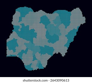 Nigeria dotted map. Digital style map of the country on a dark background. Nigeria shape with square dots. Colored dots style. Small size squares. Abstract vector illustration.