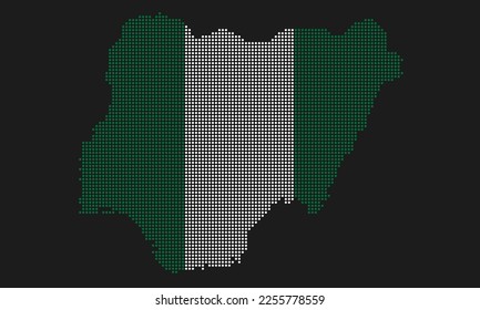 Nigeria dotted map flag with grunge texture in mosaic dot style. Abstract pixel vector illustration of a country map with halftone effect for infographic. 