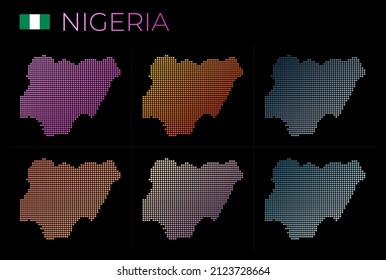 Nigeria dotted map set. Map of Nigeria in dotted style. Borders of the country filled with beautiful smooth gradient circles. Authentic vector illustration.