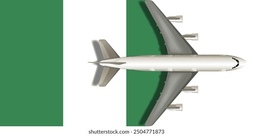 Nigeria flag with airplane flying over it close up. Vector image.