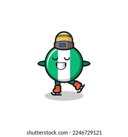 nigeria flag badge cartoon as an ice skating player doing perform , cute style design for t shirt, sticker, logo element