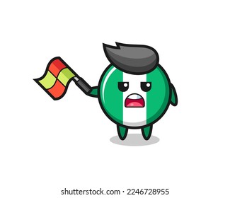 nigeria flag badge cartoon as the line judge hold the flag up at a 45 degree angle , cute style design for t shirt, sticker, logo element