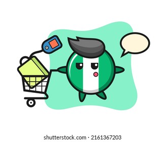 nigeria flag badge illustration cartoon with a shopping cart , cute style design for t shirt, sticker, logo element