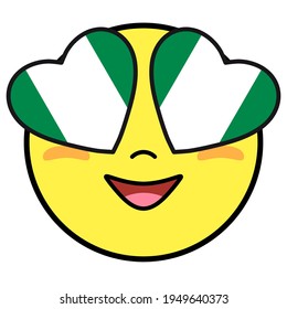 Nigeria Flag Button. Patriotic Smile In Hearts Glasses. Emoji Icon Isolated On White Background.