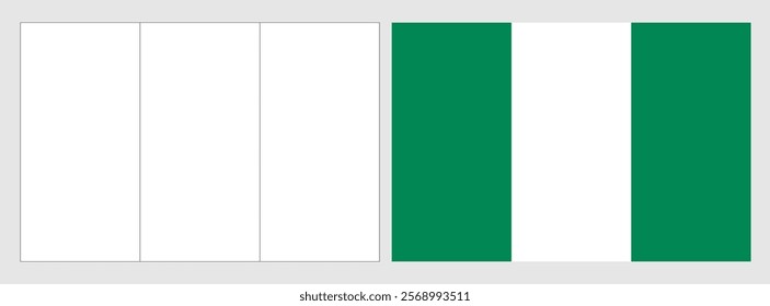 Nigeria flag - coloring page. Set of white wireframe thin black outline flag and original colored flag.