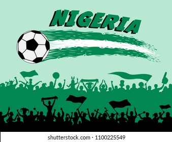 Nigeria flag colors with soccer ball and Nigerian supporters silhouettes. All the objects, brush strokes and silhouettes are in different layers and the text types do not need any font. 