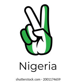 Nigeria flag in the form of a peace sign. Gesture V victory sign, patriotic sign, icon for apps, websites, T-shirts, souvenirs, etc., isolated on white background