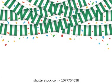 Nigeria flag garland white background with confetti, Hang bunting for Nigerian independence Day celebration template banner, Vector illustration