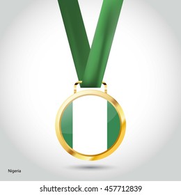 Nigeria Flag in gold Medal. Vector Illustration. RIO Olympic Game gold Medal. Vector Illustration