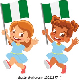Nigeria flag in hand. Children holding flag. National flag of Nigeria vector