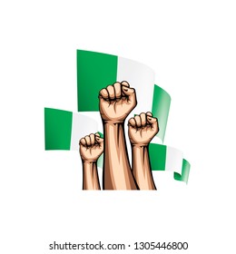 Nigeria flag and hand on white background. Vector illustration