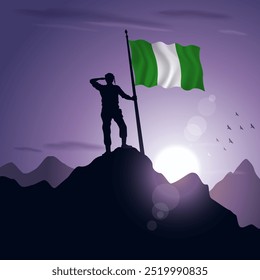 Nigeria Flag hoisted on a mountain peak with a purplish sunset in the background, vector illustration