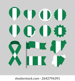 "Nigeria Flag Icon Set – Green and White Nigerian Symbols in Map, Heart, Pin, and Badge Shapes"