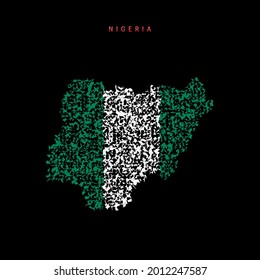 Nigeria Flag Map, Chaotic Particles Pattern In The Colors Of The Nigerian Flag. Vector Illustration Isolated On Black Background.