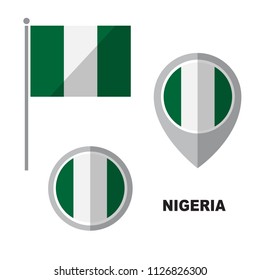 Nigeria flag and map pointer isolated on white background. Federal Republic of Nigeria  national symbol. Flat design collection.