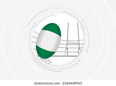 Nigeria flag on rugby ball, lined circle rugby icon with ball in a crowded stadium. Vector sport emblem on abstract background.