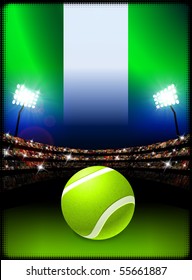 Bandera de Nigeria al fondo del estadio durante partido de tenis Ilustración original
