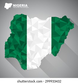 Nigeria flag overlay on Nigeria map with polygonal and long tail shadow style (EPS10 art vector)