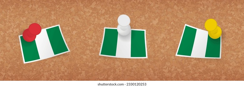 Nigeria flag pinned in cork board, three versions of Nigeria flag. Vector pushpins and flag set.