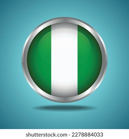 The Nigeria flag. Round glossy. Silver frame. Isolated on color gradient background