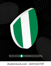 Nigeria Flag Shield icon in 3D on Dark Modern Abstract Rugby Background. Perfect for sports events, heritage themes, national celebrations, and patriotic designs.